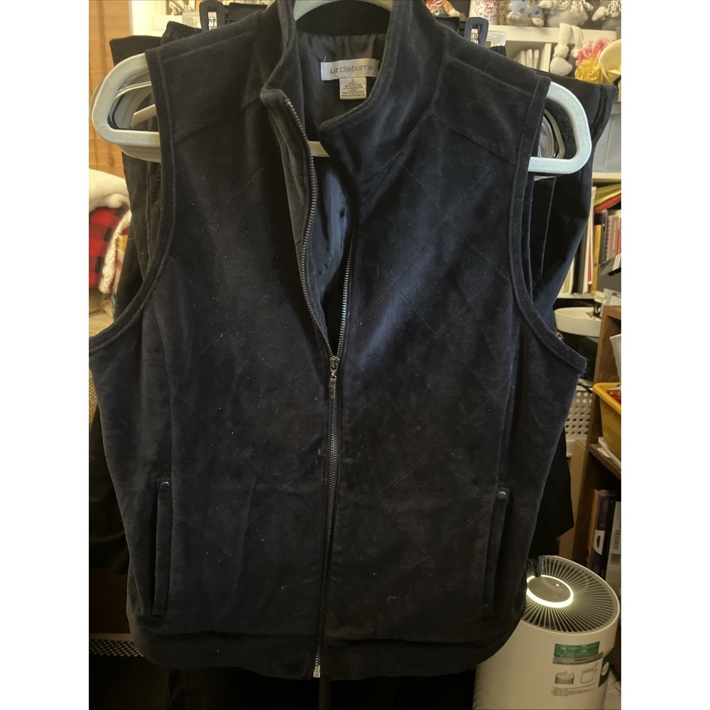 Liz Claiborne Velour Quilted Puffer Vest Womens Large Black Cotton Blend Zip Up
